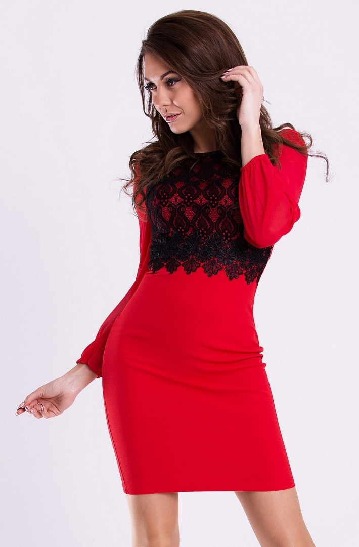 Dámské společenské šaty EMAMODA s dlouhými rukávy červeno-černé - Červená / L - EMAMODA L červená-černá
