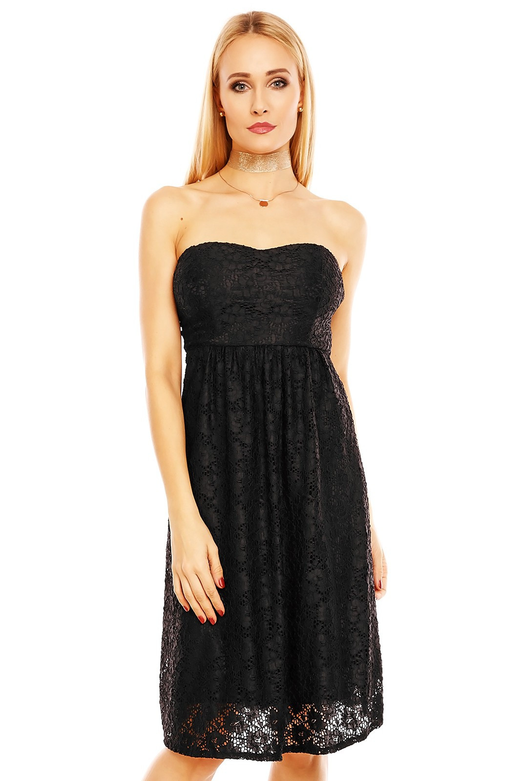 Společenské dámské šaty krajkové bez ramínek černé - Černá - MAYAADI XL