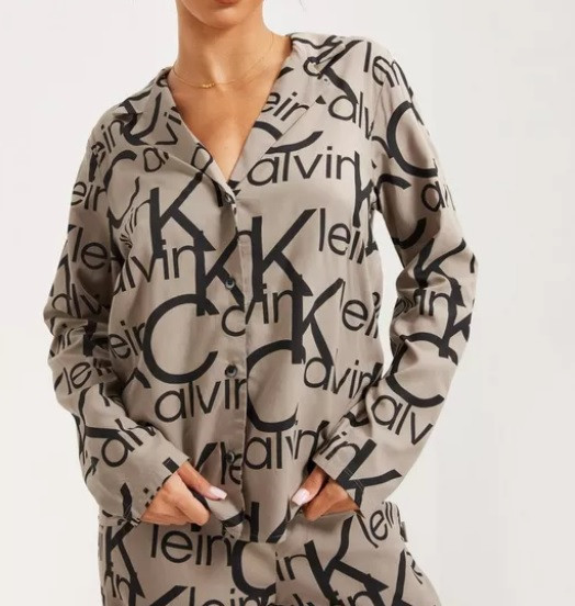 Dámský vrchní díl pyžama QS6848E 5VM béžová/černá - Calvin Klein béžová s černou L