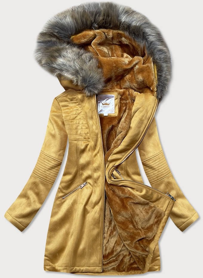 Dámská zimní semišová bunda s kapucí (6516) hořčicová - Libland hořčicová XXL