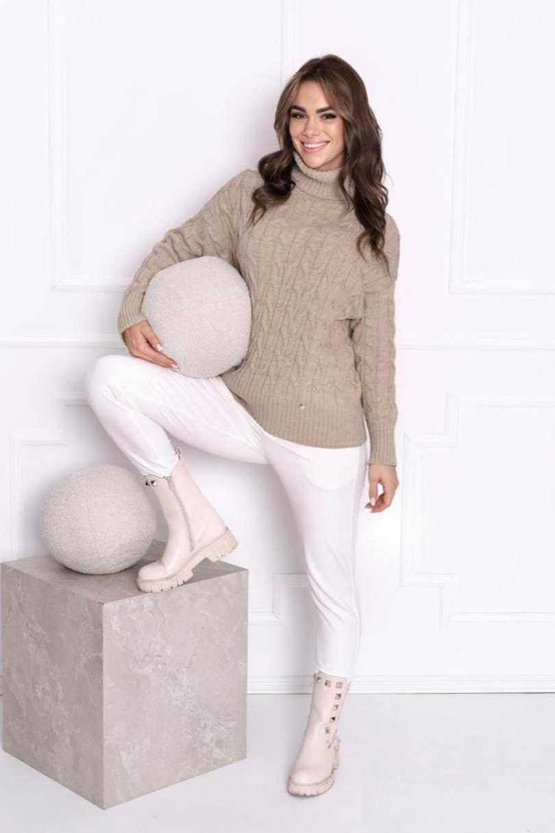 Dámský svetr s copánkovým vzorem TMAVĚ ZELENÁ L/XL