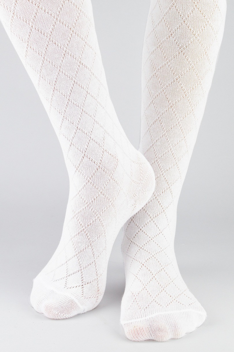 Dětské žakárové bavlněné punčochové kalhoty se vzorem romby RB010. bílá 128-134