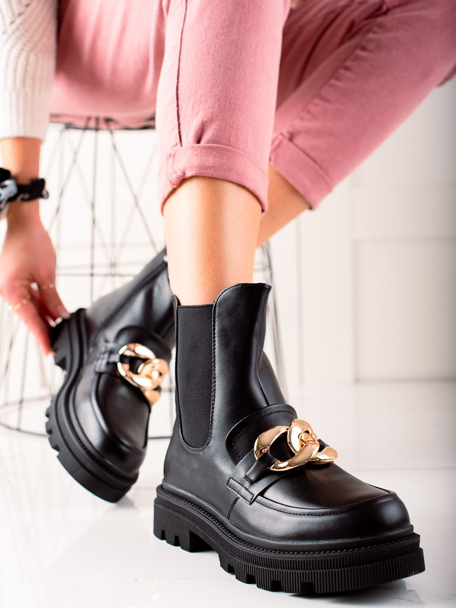 Designové dámské kotníčkové boty černé na plochém podpatku 36
