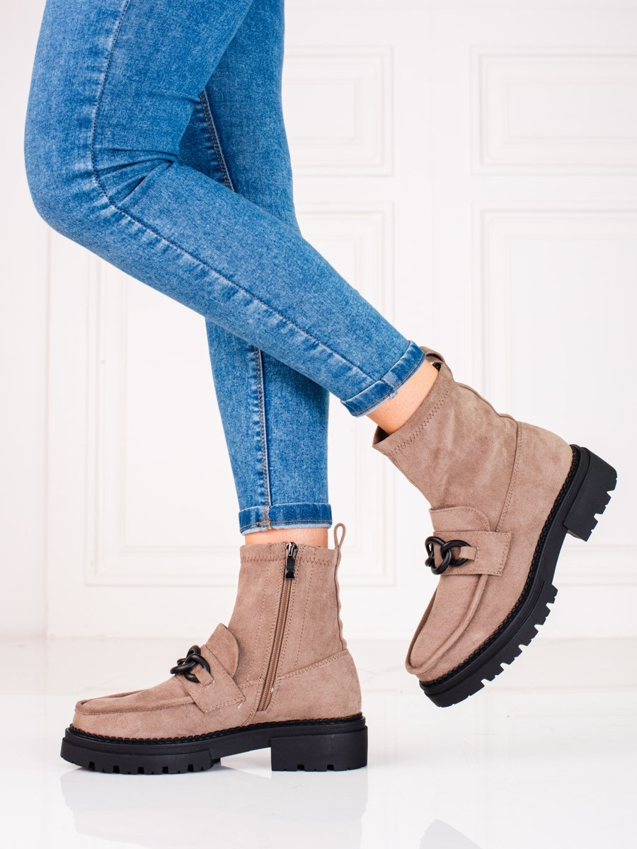 Designové dámské kotníčkové boty hnědé na plochém podpatku 36