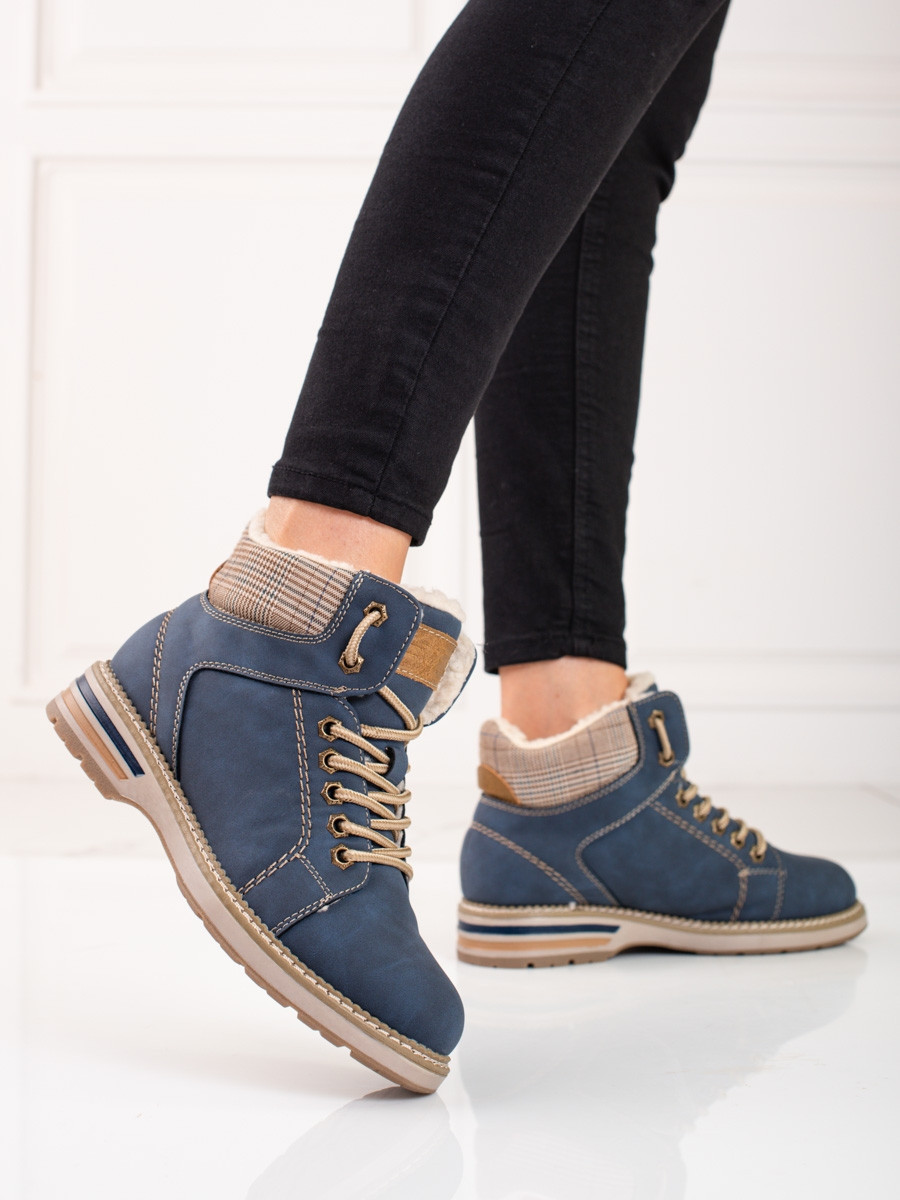 Designové kotníčkové boty modré dámské na plochém podpatku 37