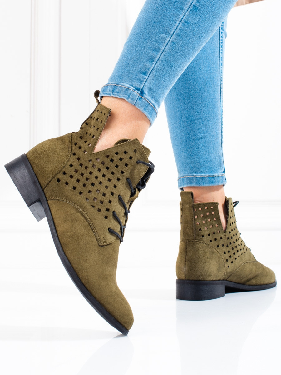 Designové dámské kotníčkové boty zelené na plochém podpatku 37