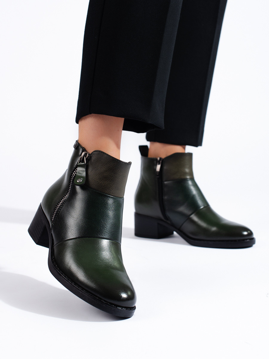 Klasické kotníčkové boty zelené dámské na širokém podpatku 37