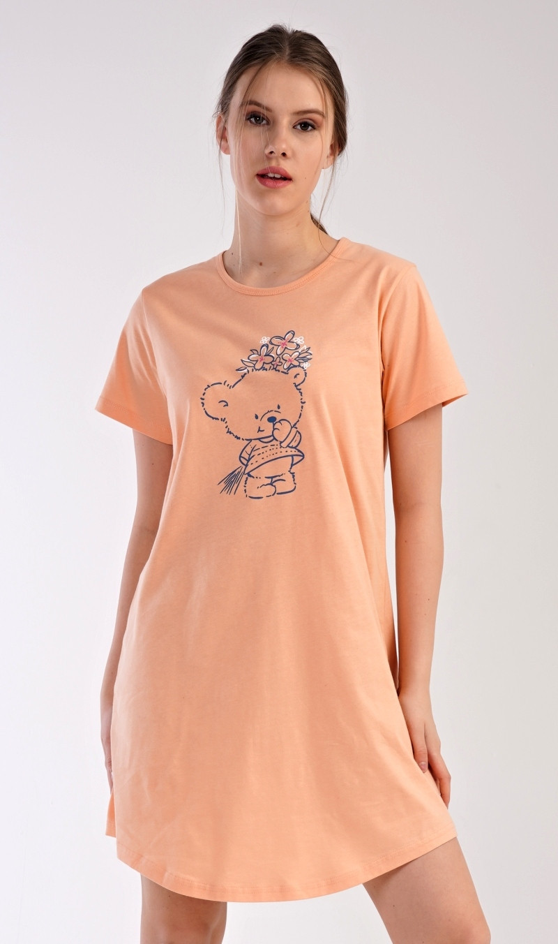 Dámská noční košile s krátkým rukávem Méďa s kytkou meruňková XL