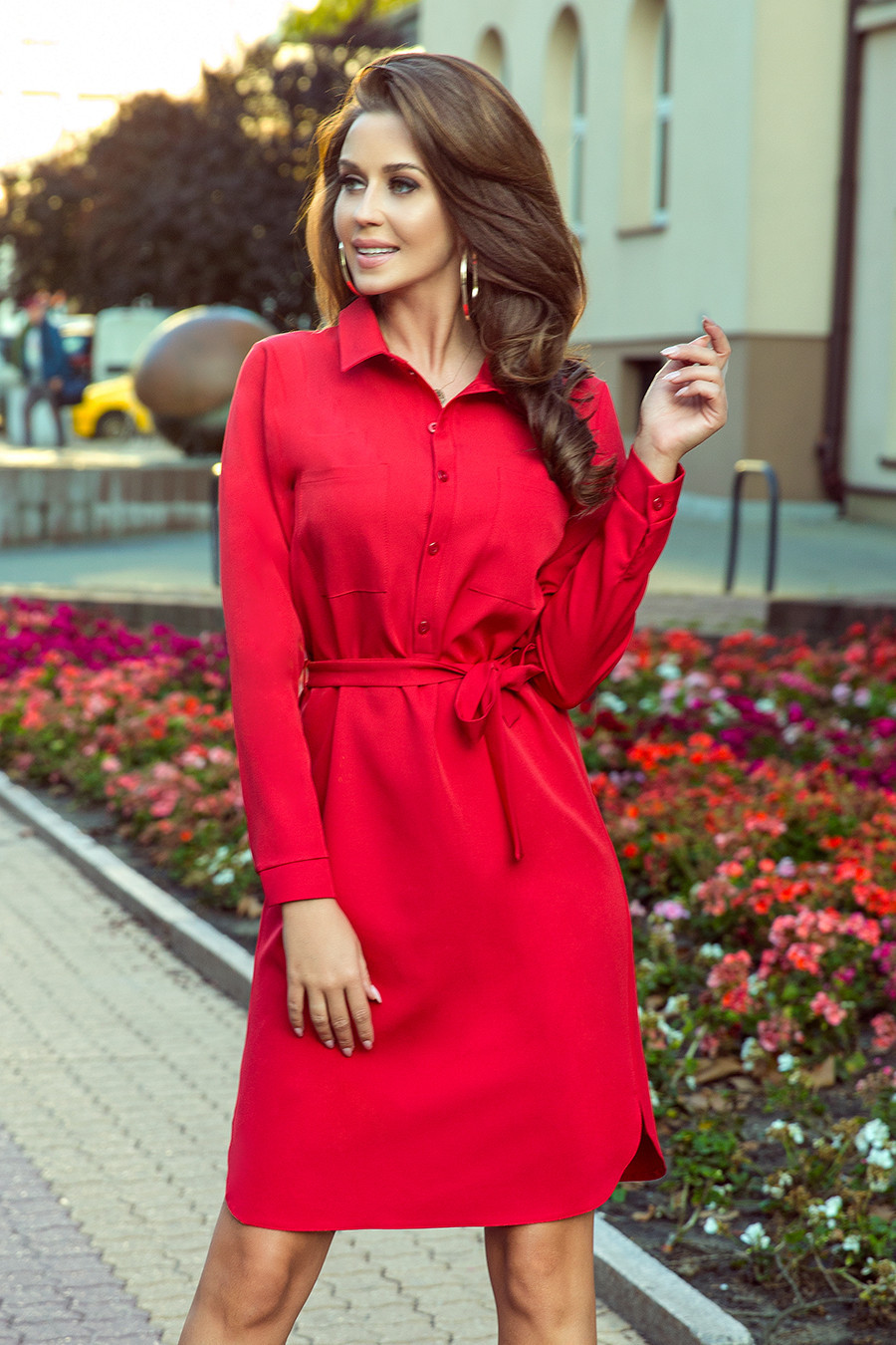 CAMILLE - Červené dámské košilové šaty se zavazováním 284-1 XL