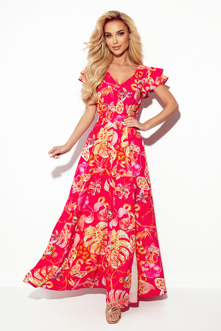 LIDIA - Růžové květované dlouhé dámské šaty s výstřihem a volánky 310-4 M