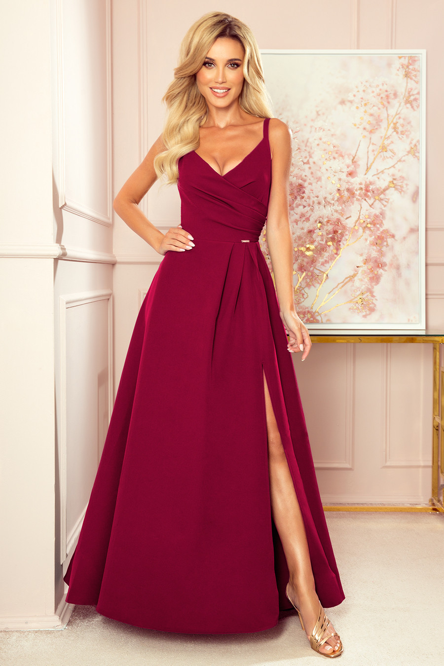 CHIARA - Elegantní dámské maxi šaty ve vínové bordó barvě na ramínkách 299-5 L
