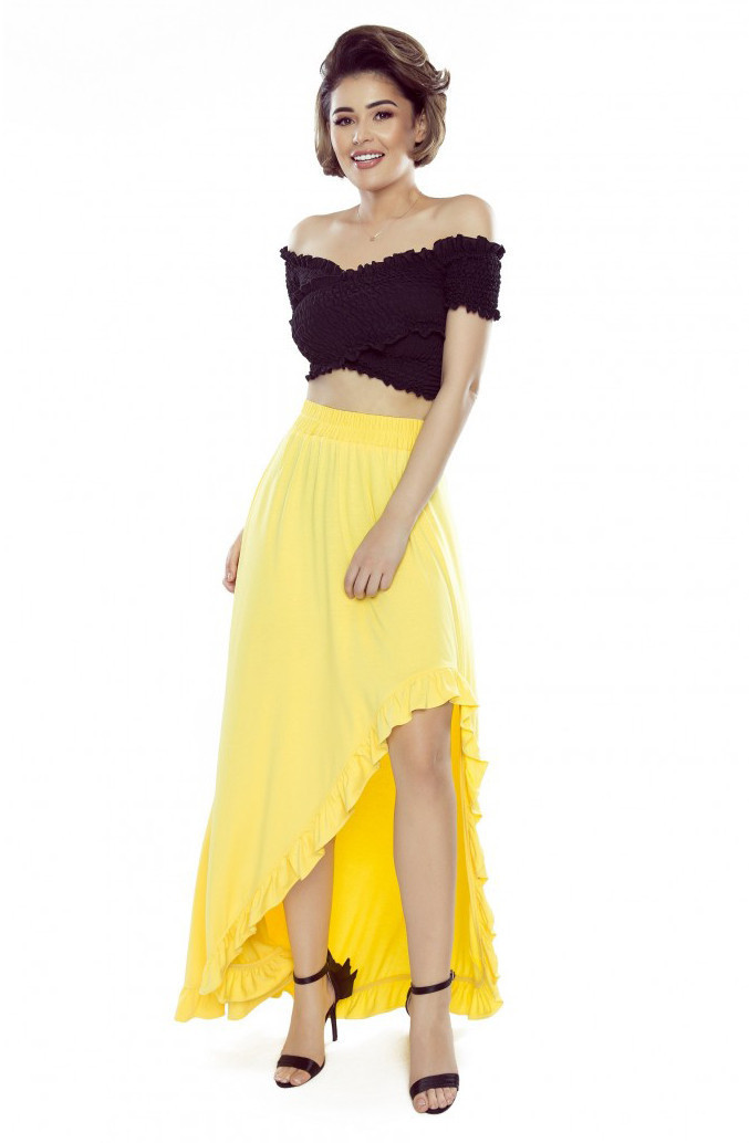 Asymetrická dámská maxi sukně v citronové barvě s volánkem 426-1 L