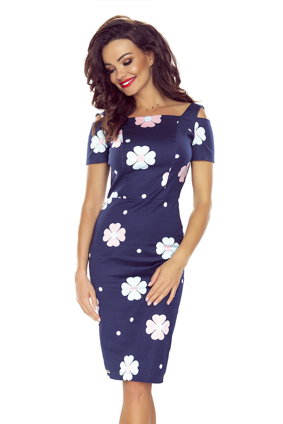 Elegantní tmavě modré květované dámské šaty s krátkými rukávy 440-3 S