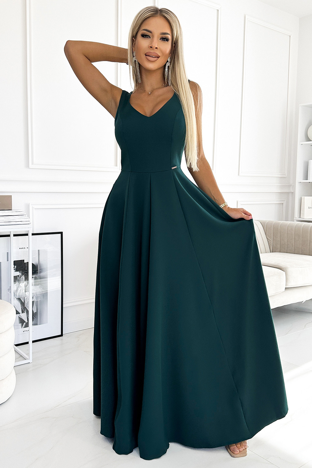 CINDY - Elegantní dlouhé zelené dámské šaty s výstřihem 246-5 XL