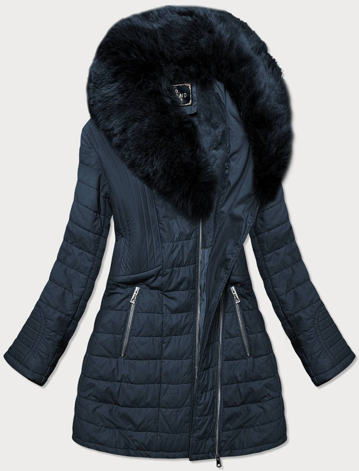 Tmavě modrý dámský kabát z eko kůže s kožešinou (LD5520) Modrá S (36)
