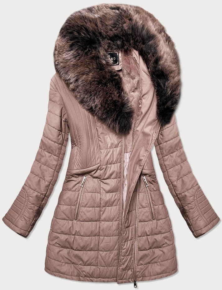 Dámský kabát z eko kůže ve starorůžové barvě s kožešinou (LD5520) odcienie różu M (38)