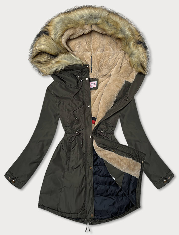 Teplá dámská zimní bunda parka v khaki barvě (W165) odcienie zieleni XL (42)