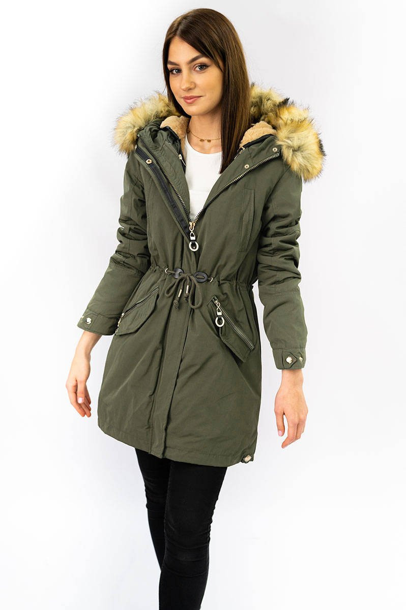 Teplá dámská zimní bunda parka v khaki barvě s odepínací podšívkou (W164) odcienie zieleni XL (42)