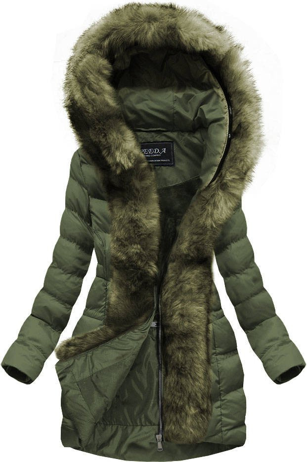 Prošívaná dámská zimní bunda v khaki barvě s kapucí (w749-1) odcienie zieleni S (36)
