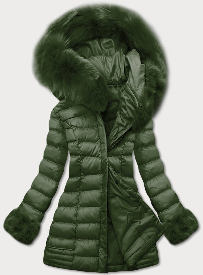 Prošívaná dámská zimní bunda v khaki barvě s kapucí (w750-1) odcienie zieleni S (36)