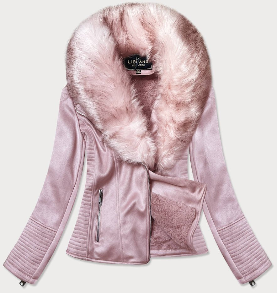 Dámská semišová bunda ramoneska v pudrově růžové barvě s kožešinou (6501) odcienie różu S (36)