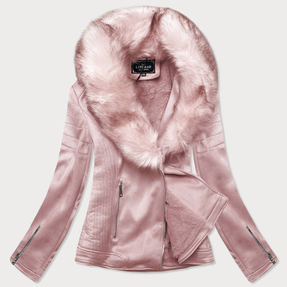 Dámská semišová bunda ramoneska v pudrově růžové barvě s kožešinou (6502) odcienie różu S (36)