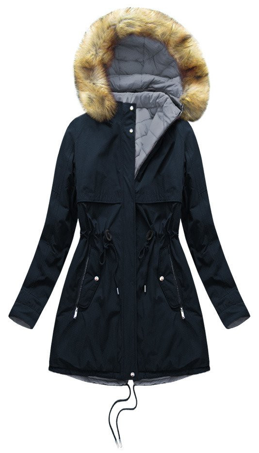 Tmavě modro-šedá oboustranná dámská zimní bunda s kapucí (W214BIG) odcienie szarości XXL (44)