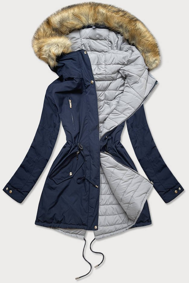 Tmavě modro-šedá oboustranná dámská zimní bunda s kapucí (W210) odcienie szarości M (38)