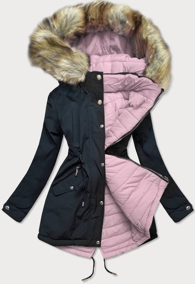 Tmavě modro-růžová oboustranná dámská zimní bunda s kapucí (W211) odcienie różu S (36)