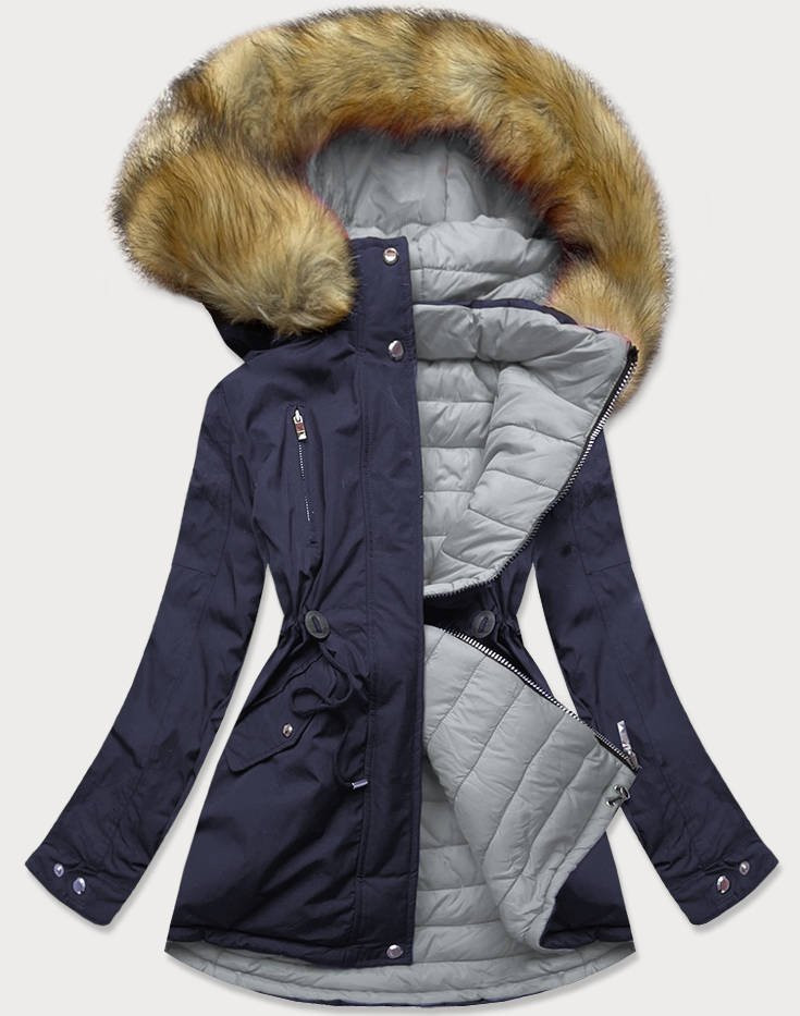 Tmavě modro-šedá dámská oboustranná zimní bunda s kapucí (W213) odcienie szarości XXL (44)