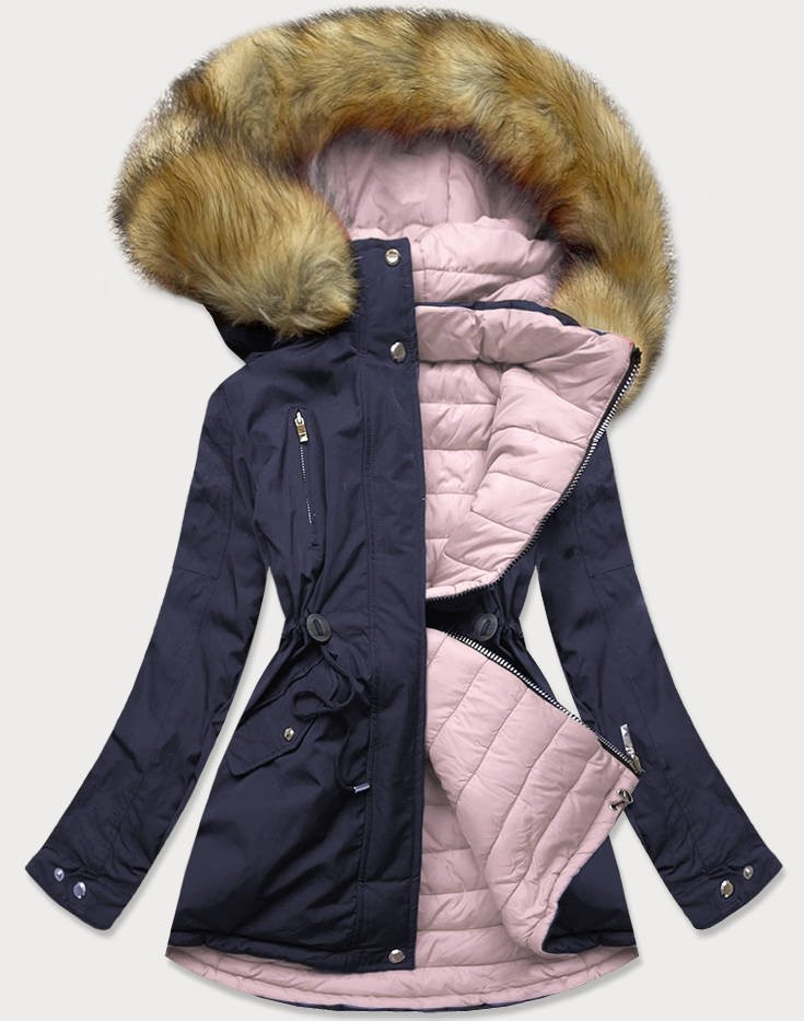 Tmavě modro-růžová odoustranná dámská zimní bunda s kapucí (W213) odcienie różu S (36)