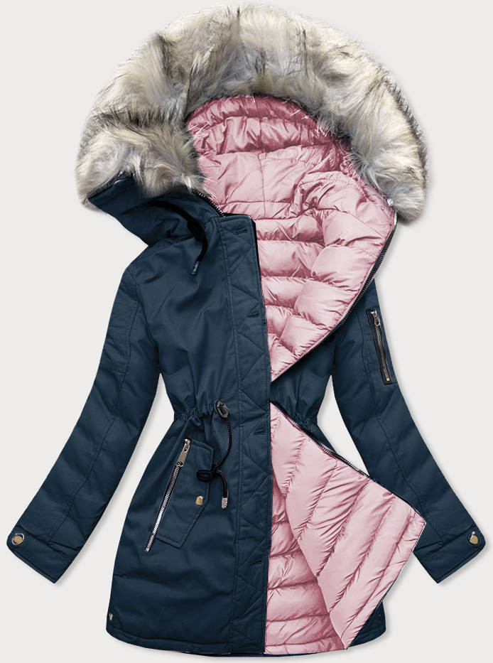 Tmavě modro-růžová oboustranná dámská zimní bunda s kapucí (W631) odcienie różu S (36)