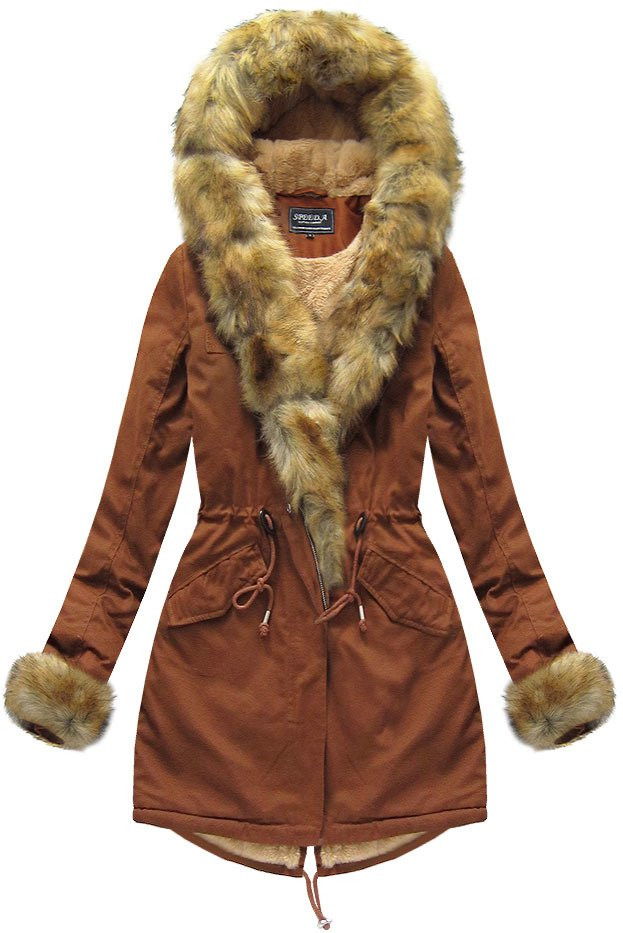 Bavlněná dámská zimní bunda parka v karamelové barvě s kožešinovou podšívkou (xw793x) odcienie brązu S (36)