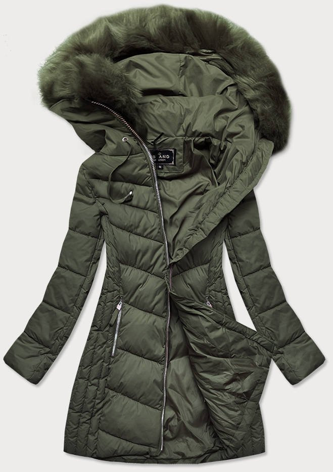 Dlouhá dámská prošívaná zimní bunda v khaki barvě (7689) odcienie zieleni S (36)