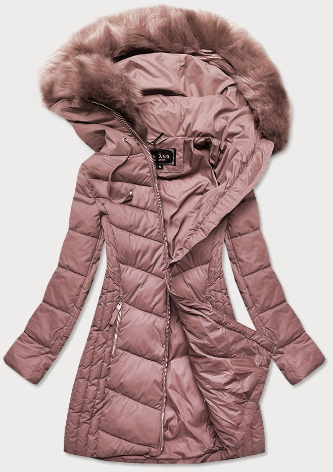 Dlouhá dámská prošívaná zimní bunda ve starorůžové barvě (7689) odcienie różu M (38)