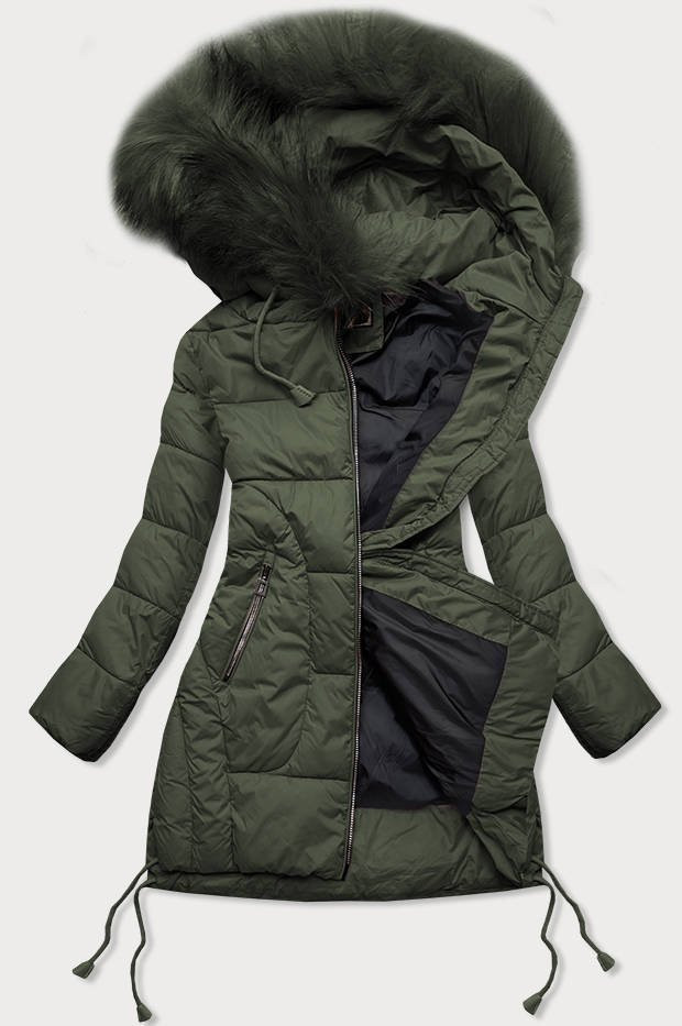 Prošívaná dámská zimní bunda v khaki barvě s kapucí (7690) odcienie zieleni S (36)