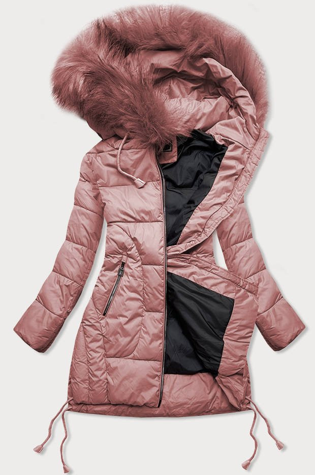 Prošívaná dámská zimní bunda ve starorůžové barvě s kapucí (7690) odcienie różu S (36)