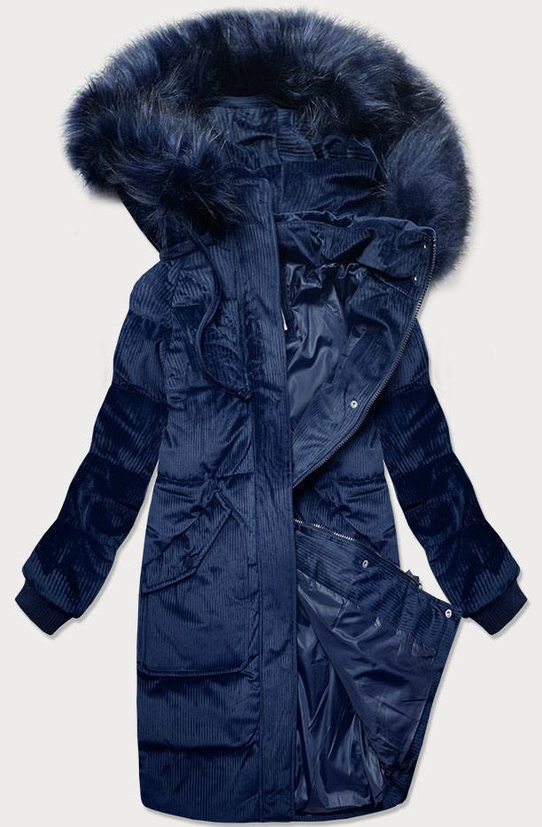 Tmavě modrá manšestrová dámská zimní bunda s kapucí (7764) odcienie niebieskiego XS (34)