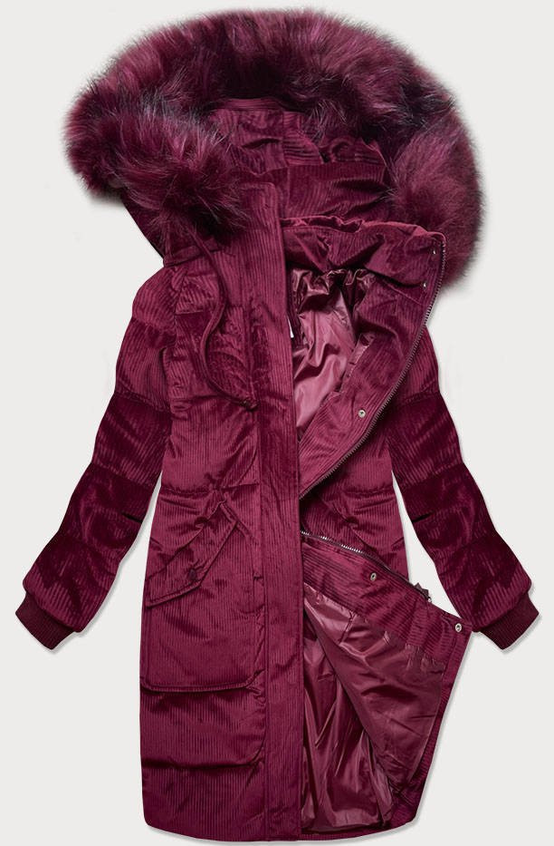 Manšestrová dámská zimní bunda ve vínové bordó barvě s kapucí (7764) odcienie czerwieni XS (34)