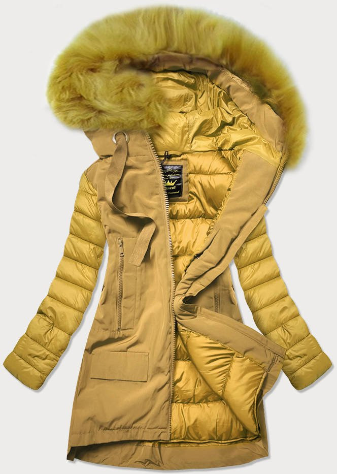 Žlutá dámská zimní bunda z různých spojených materiálů (7708) odcienie żółtego XL (42)