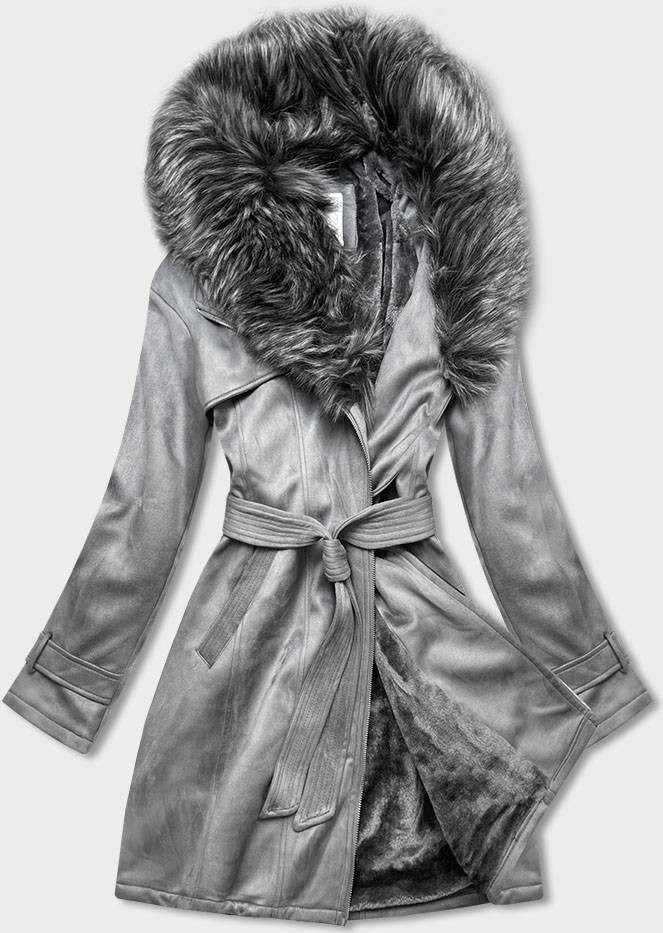 Šedý dámský semišový zimní kabát s páskem (6515) odcienie szarości XXL (44)