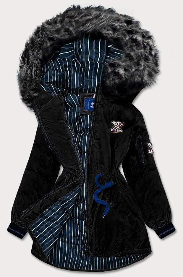 Delší černá dámská zimní bunda s kapucí (M8-757) odcienie czerni M (38)