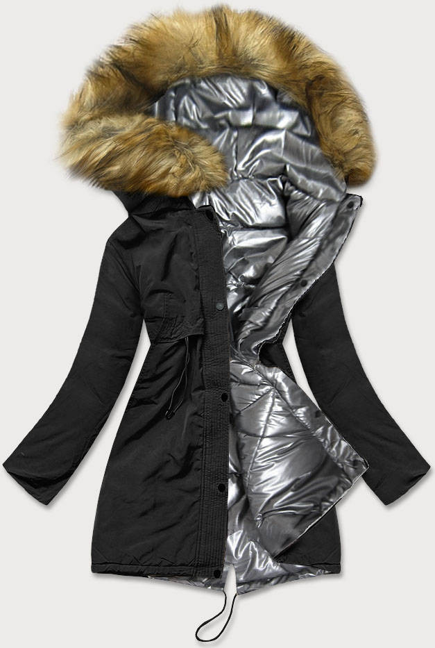 Černo-stříbrná oboustranná dámská zimní bunda (M-136) odcienie czerni XXL (44)