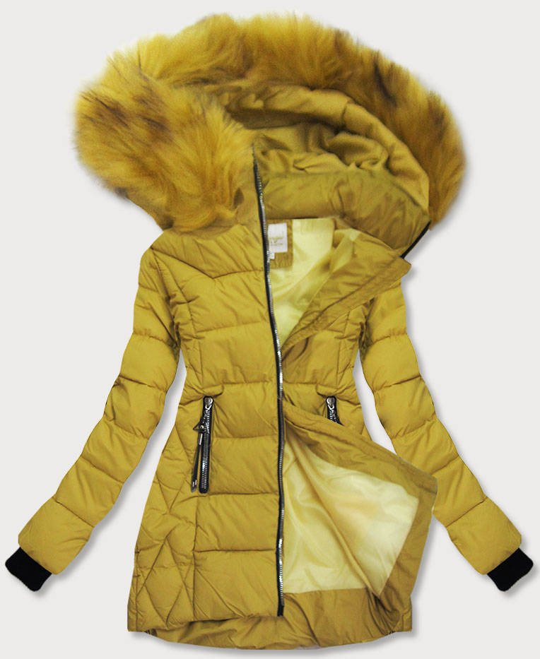 Dámská zimní bunda v hořčicové barvě s kapucí (1969) odcienie żółtego XL (42)