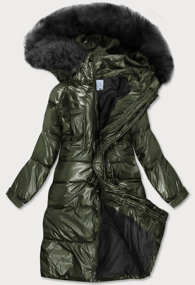 Dámská metalická zimní bunda v khaki barvě s kapucí (8295) odcienie zieleni L (40)