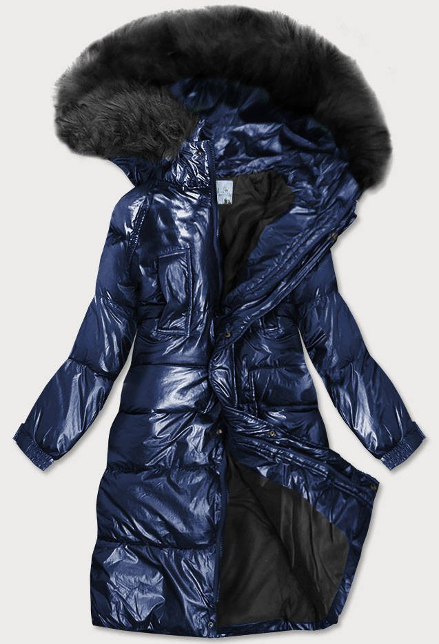 Tmavě modrá dámská metalická zimní bunda s kapucí (8295) odcienie niebieskiego M (38)