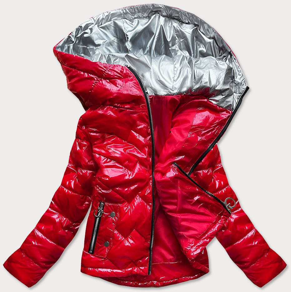 Červená prošívaná dámská bunda s kapucí (B9562) odcienie czerwieni L (40)