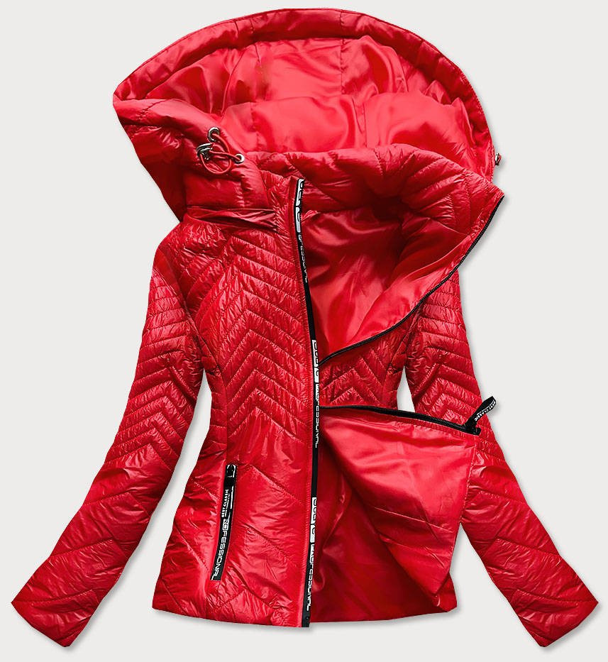 Krátká červená dámská prošívaná bunda s kapucí (B9566) odcienie czerwieni S (36)