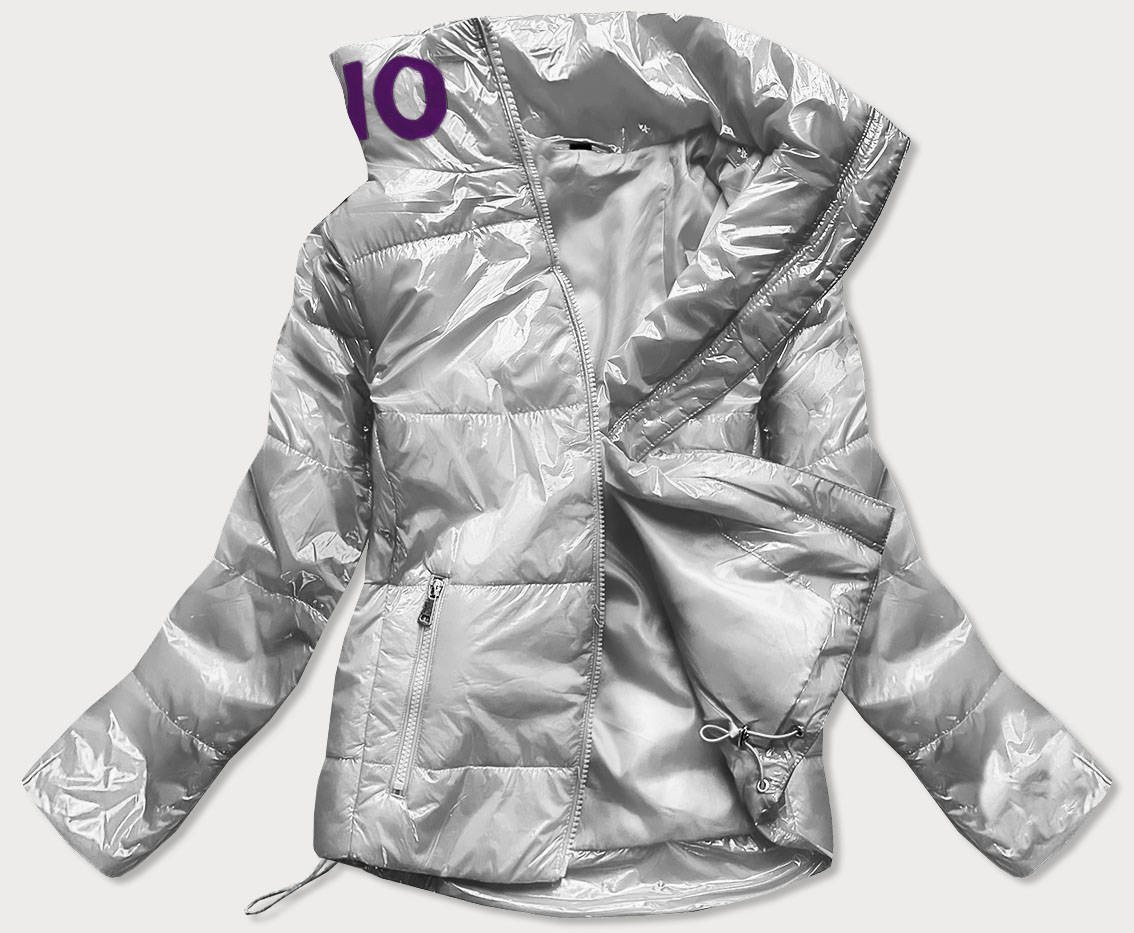 Krátká stříbrná prošívaná dámská bunda se stojáčkem (B9567) odcienie szarości L (40)
