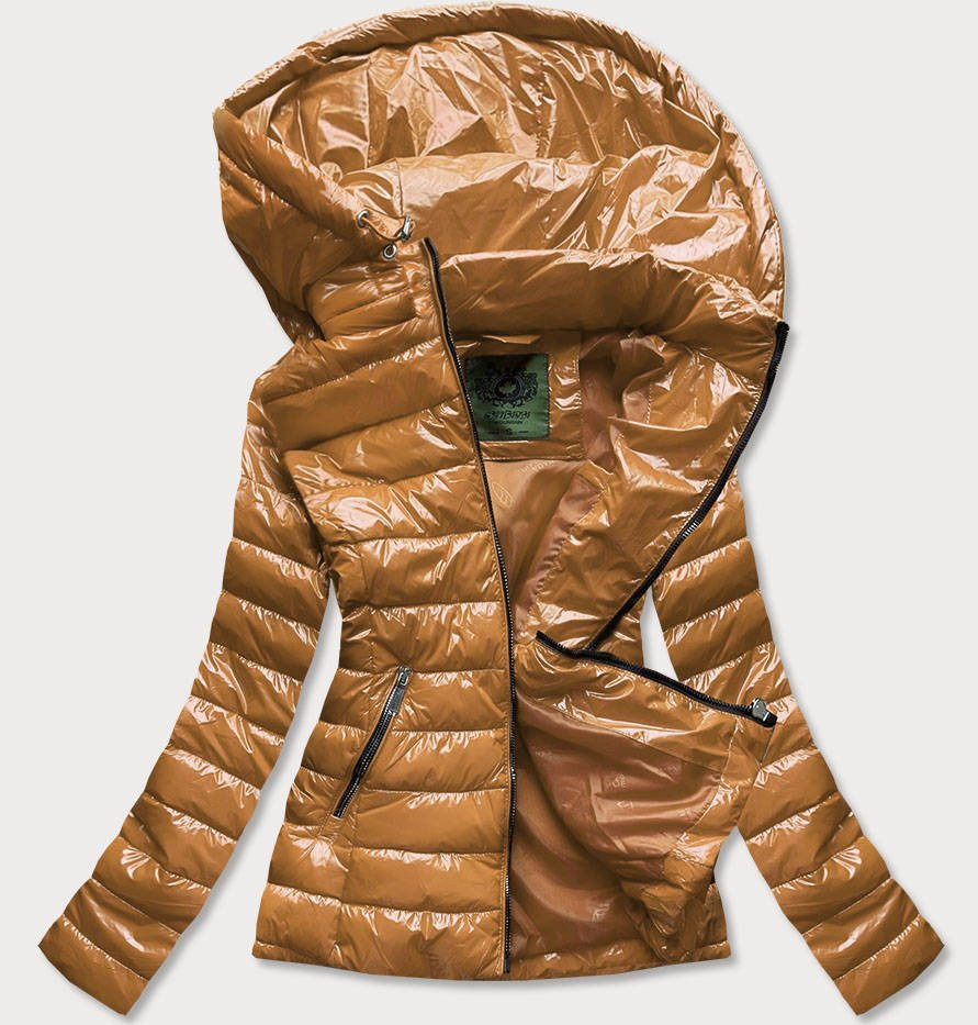 Krátká prošívaná dámská bunda v hořčicové barvě s kapucí (CAN-333) odcienie brązu XL (42)